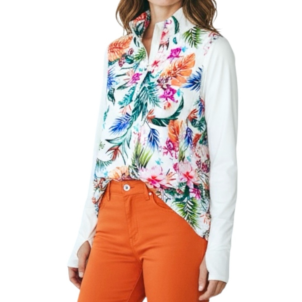 BloqUV Top UPF 50+ Tropical Hawaiian Terrace Floral Mock Neck Zip Thumbhole Sz S